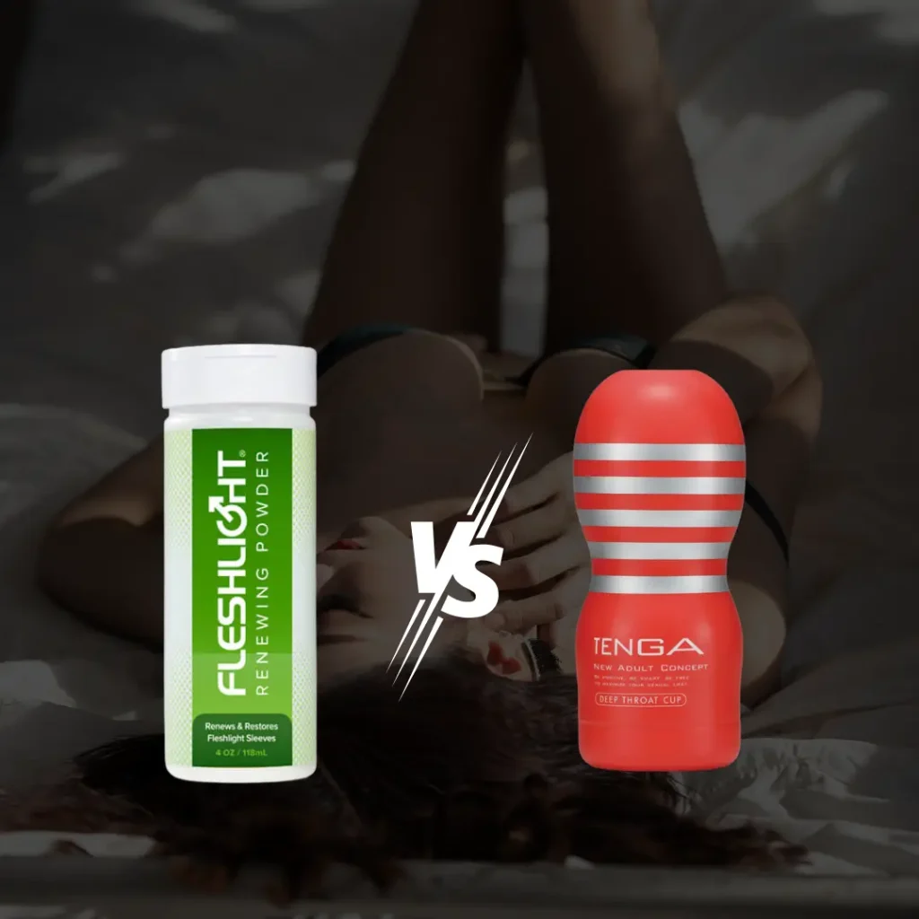 Billede af tenga og fleshlight side om side med en sexy baggrund med en kvinde der ligger ned